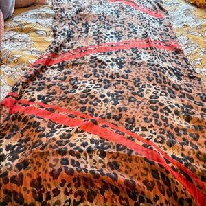 Leopard Print Scarf with Red Accent Stripes